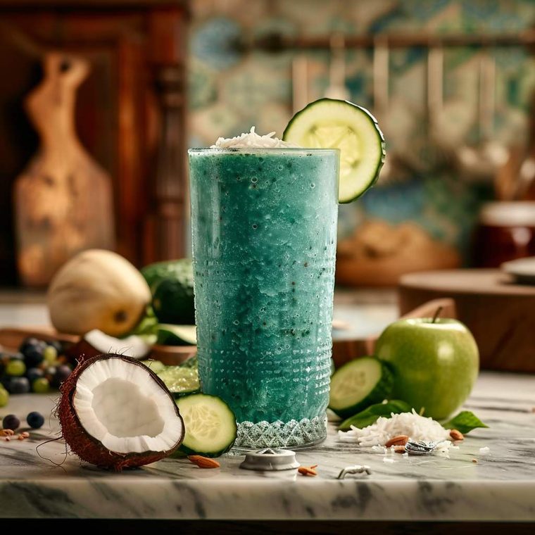 The Beach Body Booster, a blue-green smoothie with cucumber and coconut