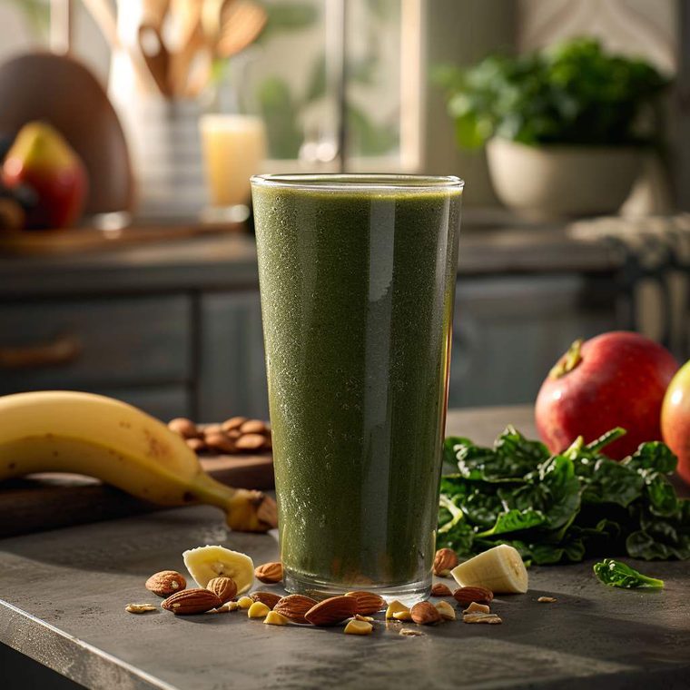 A fresh green smoothie on a kitchen counter, surrounded by banana, apple and greens