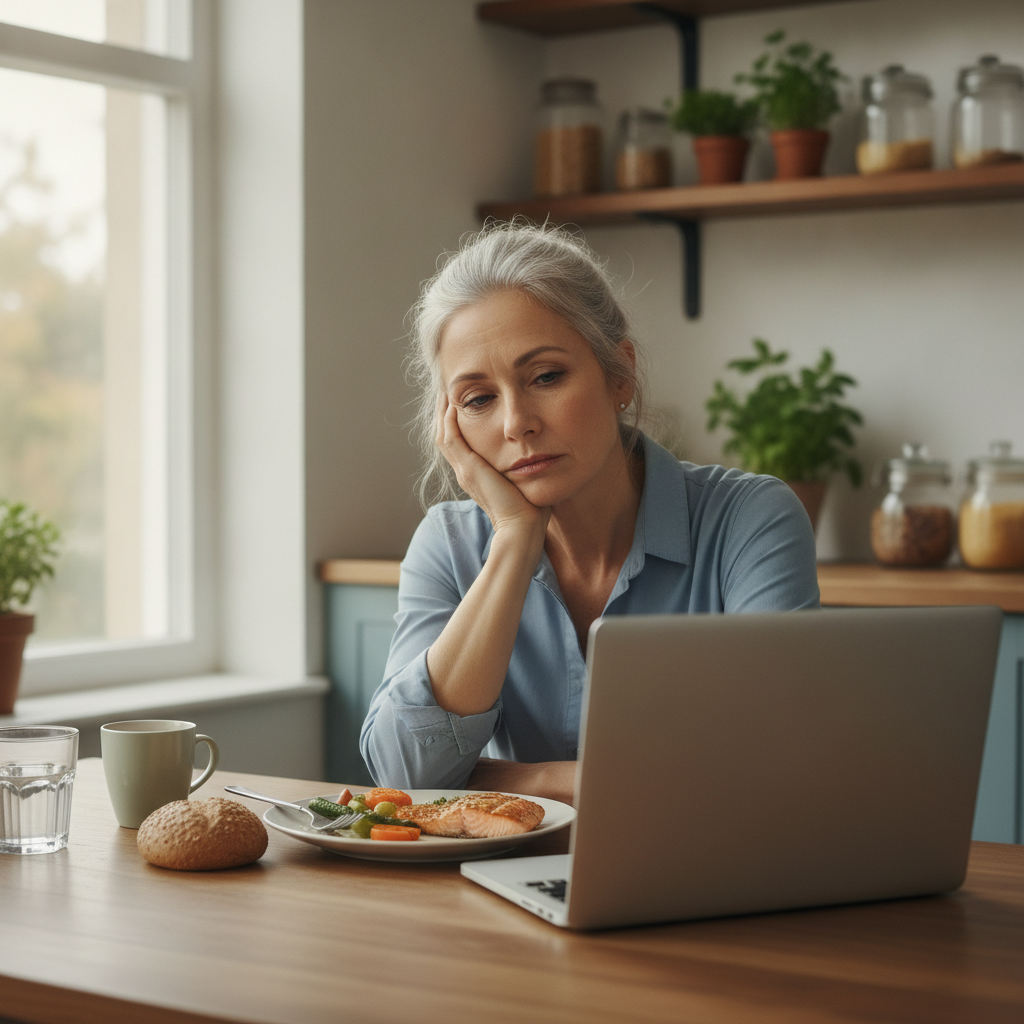 A woman in her fifties feeling tired at the kitchen table in the early afternoon