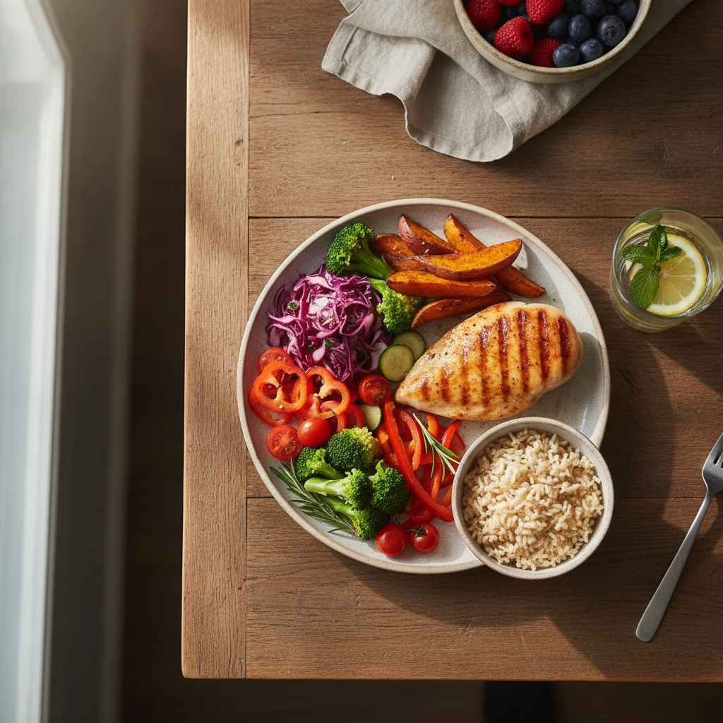 A balanced lunch plate: chicken, vegetables and a small portion of rice