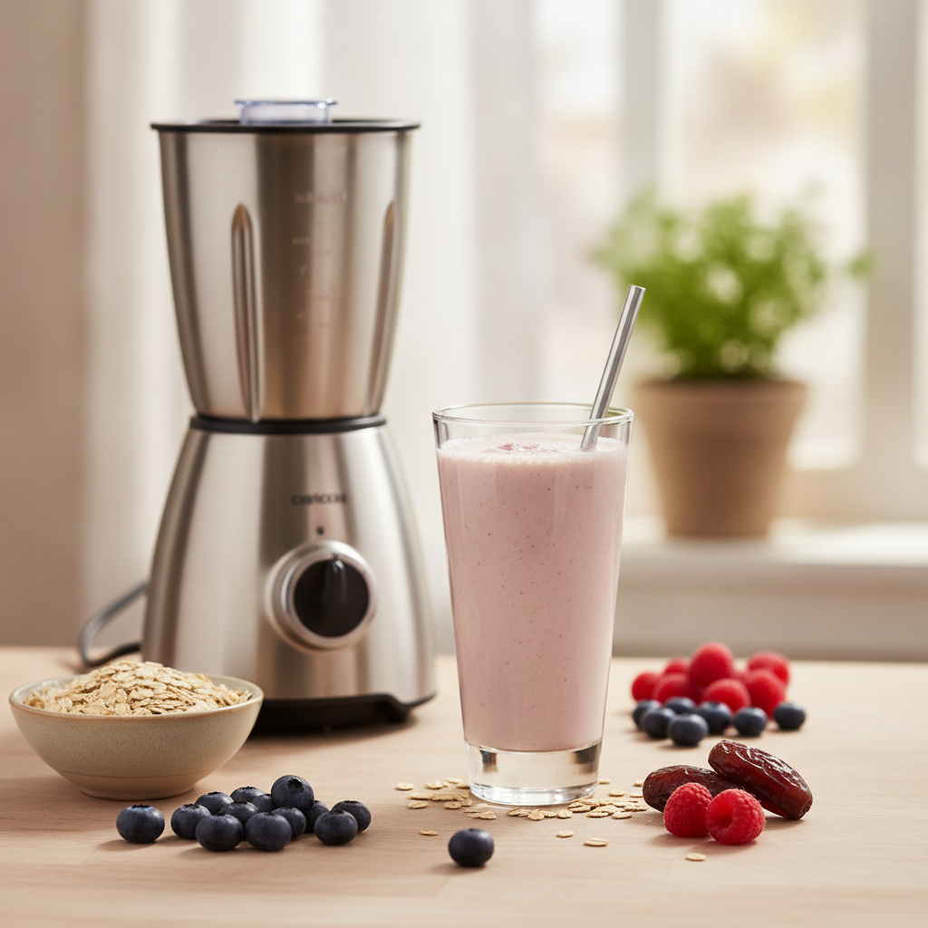 A steady-energy smoothie with oats, berries and dates on a kitchen counter