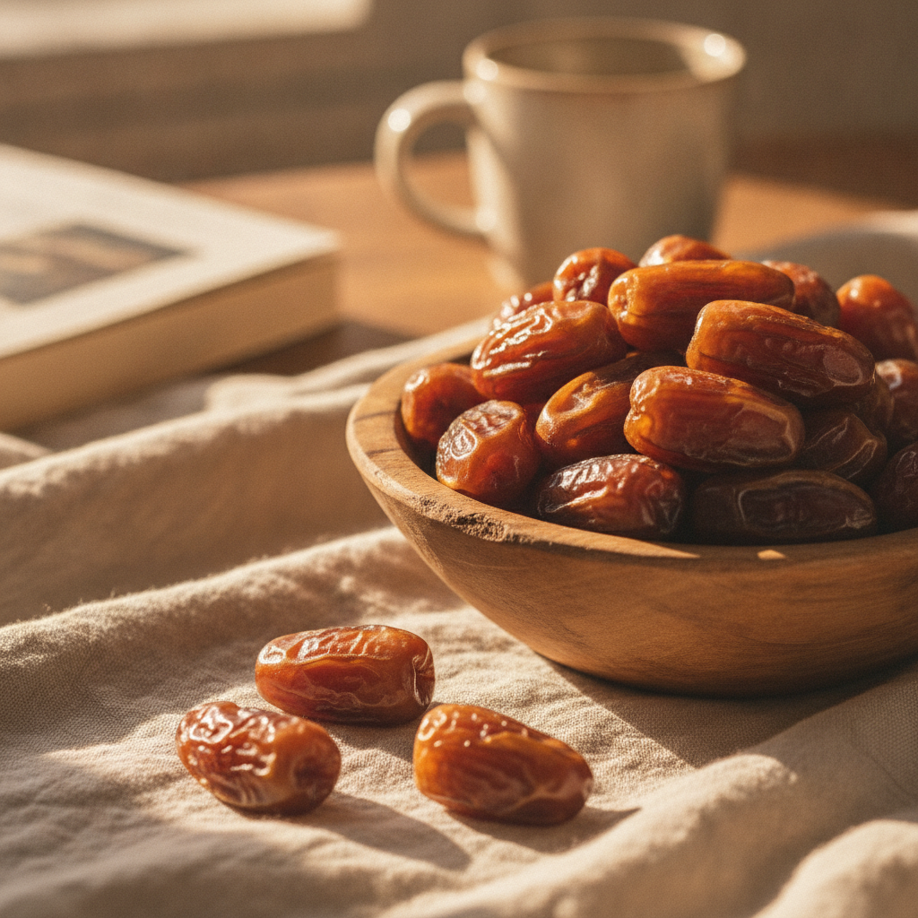 A wooden bowl full of glossy medjool dates in warm natural light