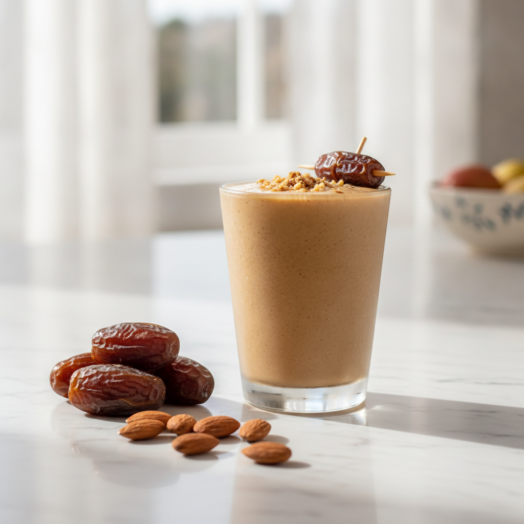 A date-sweetened smoothie with whole dates and almonds beside it