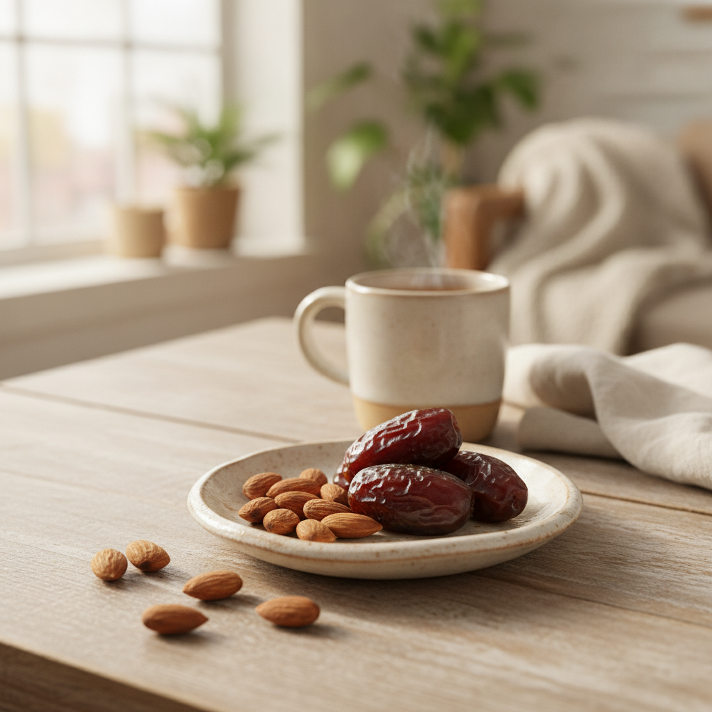 A small plate of dates and almonds, a cozy afternoon snack